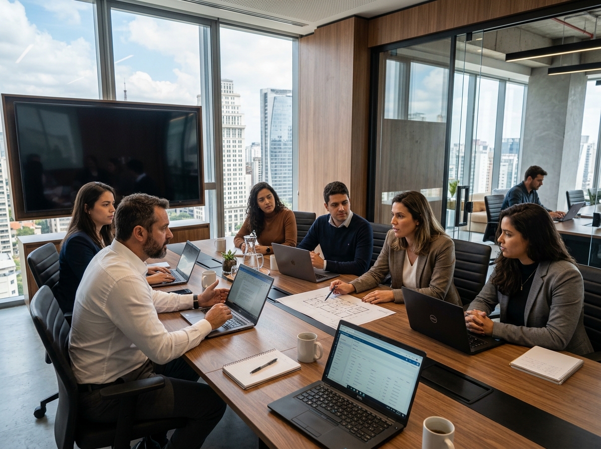 Equipe de especialistas e liderança da USSIX em reunião estratégica corporativa