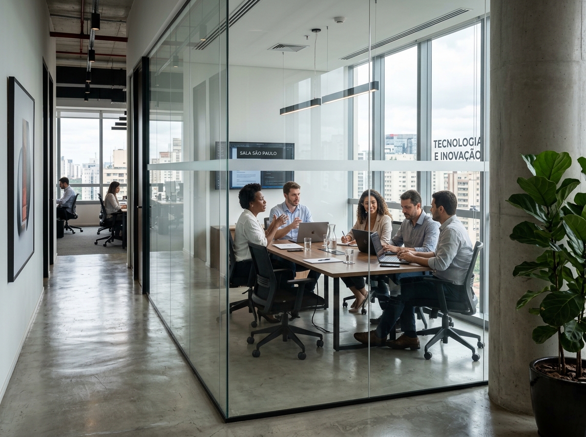 Ambiente de trabalho corporativo moderno da USSIX com equipe em reunião colaborativa