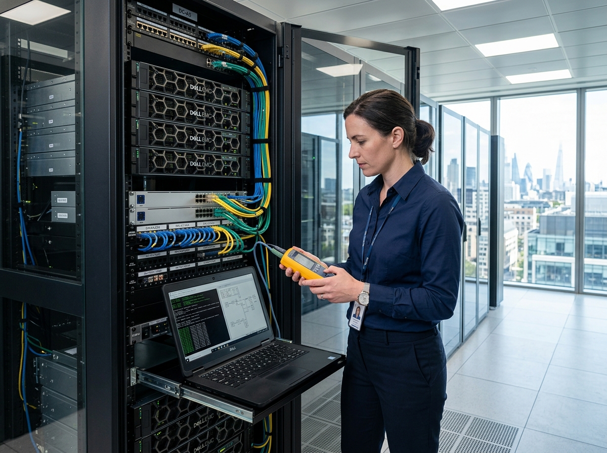 Profissional de tecnologia realizando diagnóstico técnico em rack de servidores corporativos da USSIX