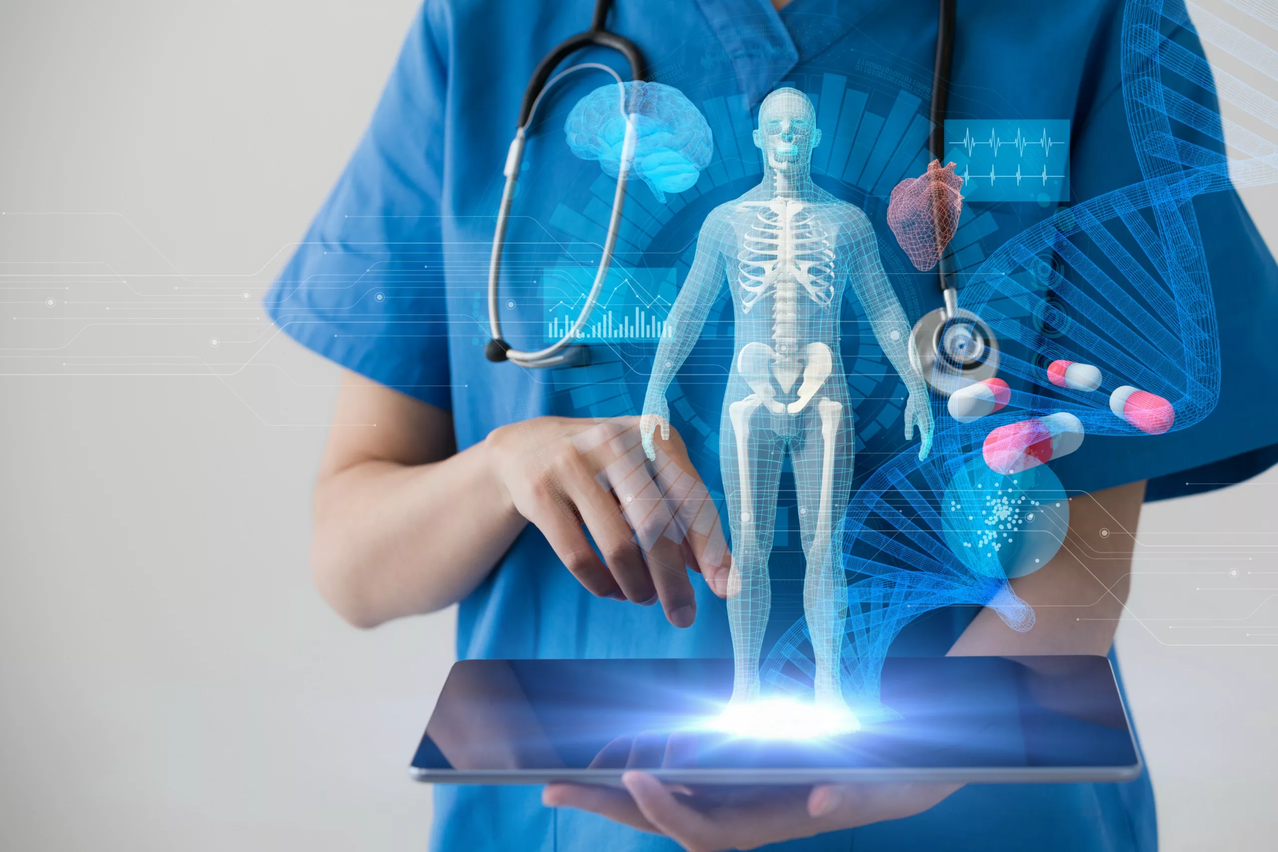 Profissional de saúde utilizando inteligência artificial em diagnóstico médico